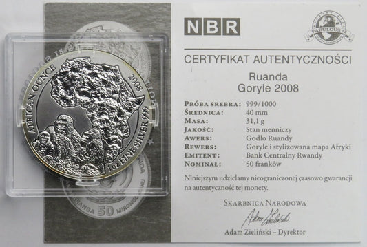 Ruanda 50 Franków 2008 Goryle, Srebro, Ag999, certyfikat